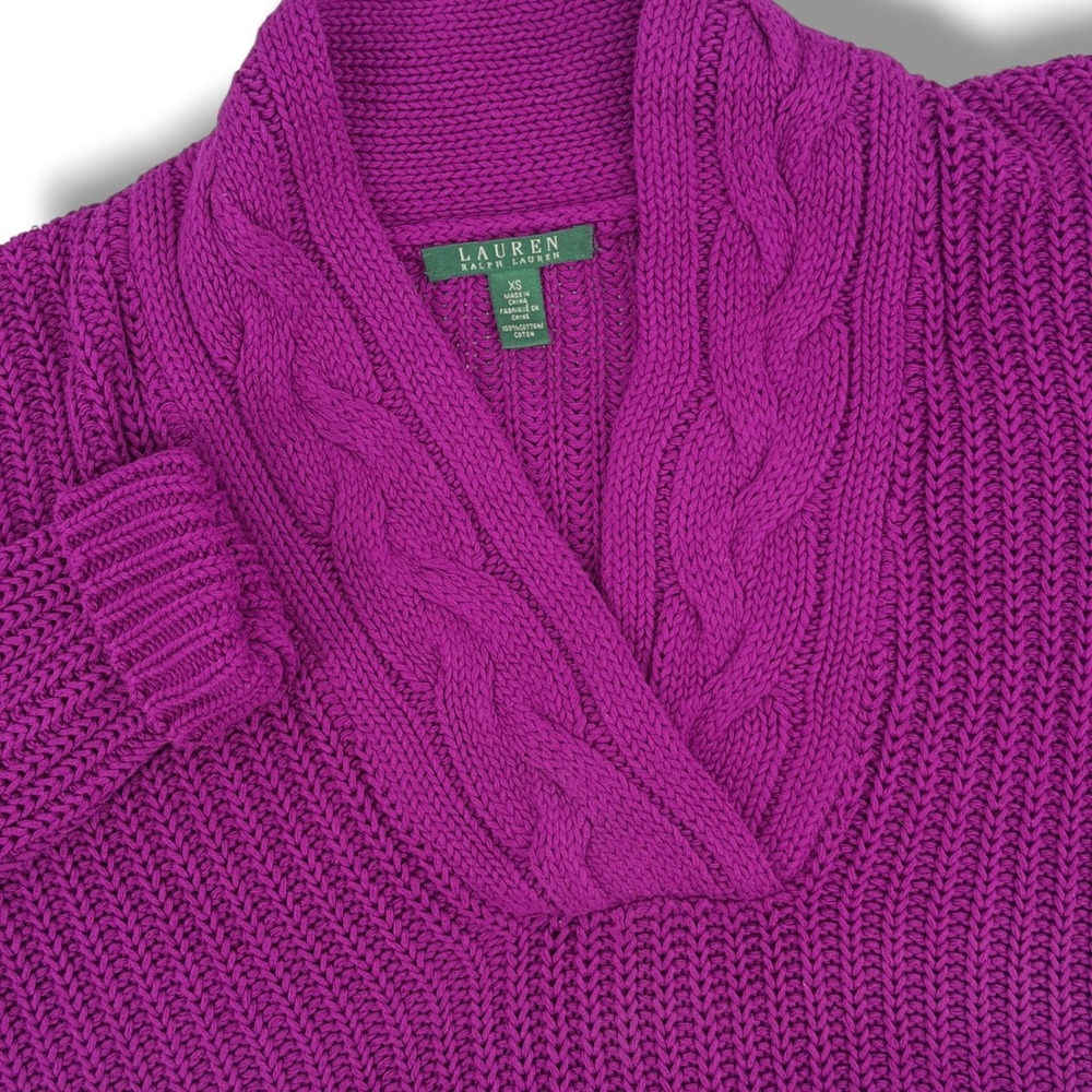 Ralph Lauren Sweater Women XS Purple V-Neck Cable Knit Shawl Pullover Fall Prep